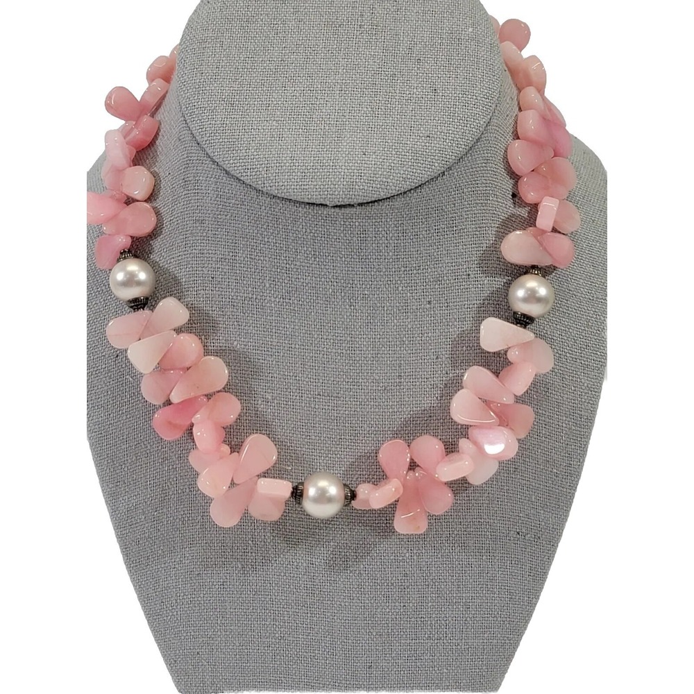 Pink Quartz Tear Drop Faux Pearl Beaded Statement‎ Necklace 16.5" Jewelry EUC